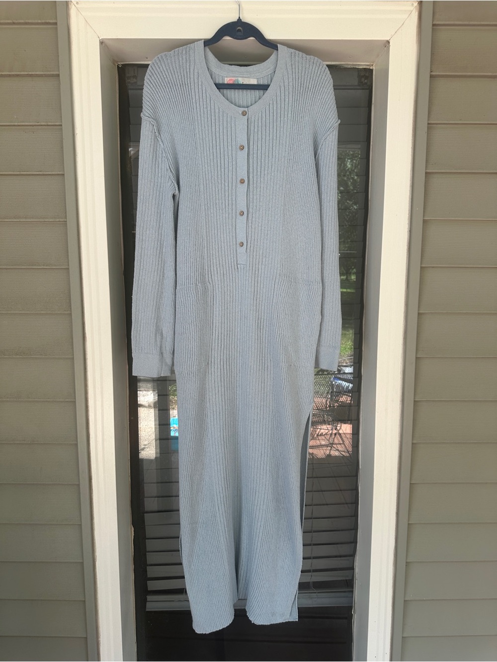 Free People FP Beach Ribbed Maxi Henley Dress in Light Blue Medium